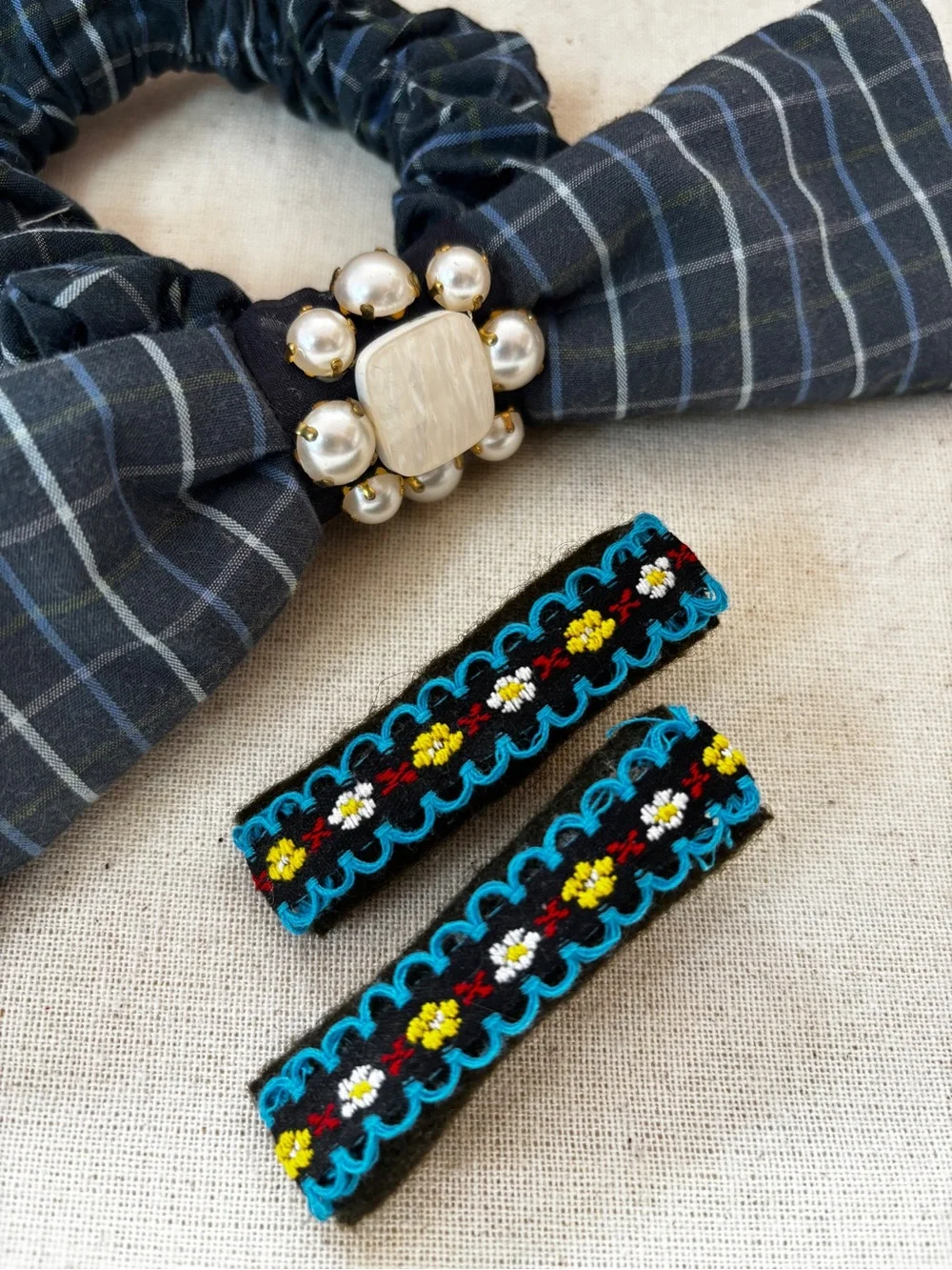 Plaid Bow Scrunchie with Pearl Accent and Wool Floral Hair Clips